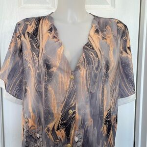 HEKKA WATERCOLOR AND FLORAL SHORT SLEEVE SCALLOPED NECKLINE BLOUSE TOP SIZE 3XL